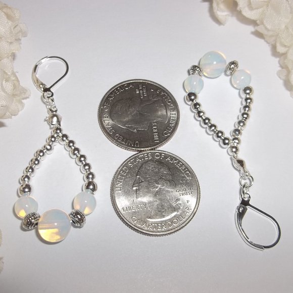 Beaded Hoop Earrings Set Faux Opal Rainbow Moonstone and Silver Teardrop 7021 - Picture 3 of 9